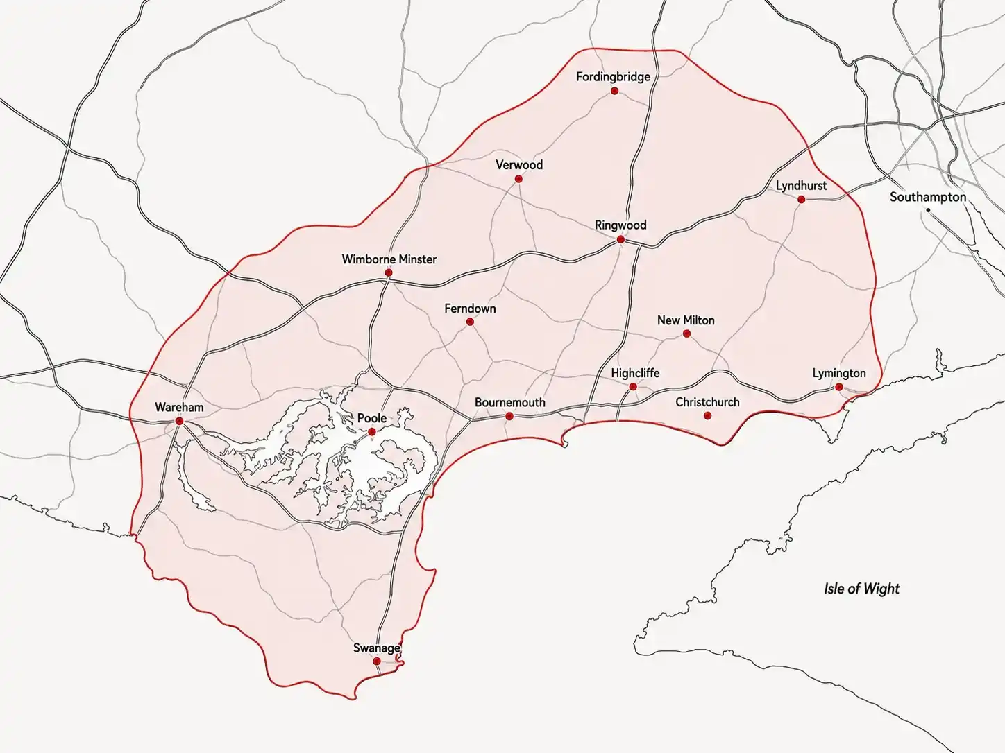 Map of the Pro-Tec Home Developments coverage area across Dorset and the New Forest, showing Wareham, Poole, Bournemouth, Christchurch, Lymington, Wimborne Minster, Ferndown, Verwood, Ringwood, Fordingbridge, Lyndhurst, New Milton, Highcliffe and Swanage within the shaded service boundary.