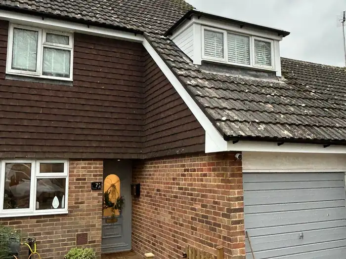 Fascia — after, finished roofline viewed from the front of the house