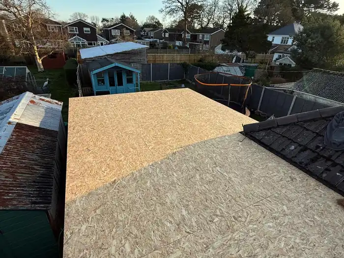 Flat roof extension — before, OSB deck ready for the EPDM covering