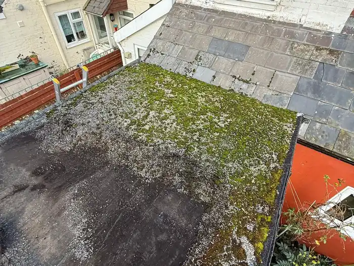 Flat roof recover — before, old roof covering worn and covered in moss